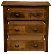 Front view of the Mount Buckskin Reclaimed Barnwood Chest of Drawers with drawers pulled out on soft-close glides