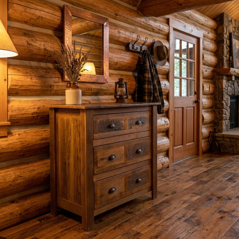 Mount Buckskin Reclaimed Barnwood Chest of Drawers below a mirror and coat hooks in a log cabin entryway
