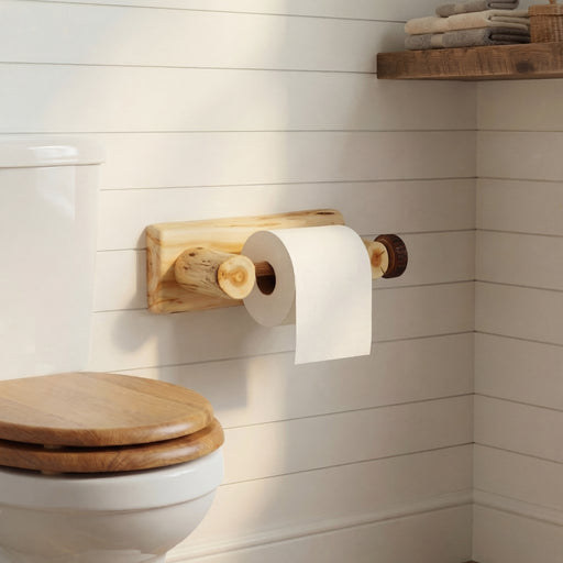 Wall-mounted Mount Cairns Cedar Log Toilet Paper Holder with rod in a rustic bathroom