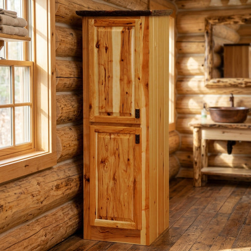 Mount Champion Hickory Log Linen Cabinet staged in a sunlit log cabin bathroom