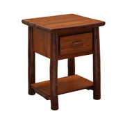 Angled view of the Mount Chapin Hickory Log Nightstand with Shelf in Cinnamon showing the drawer and lower shelf