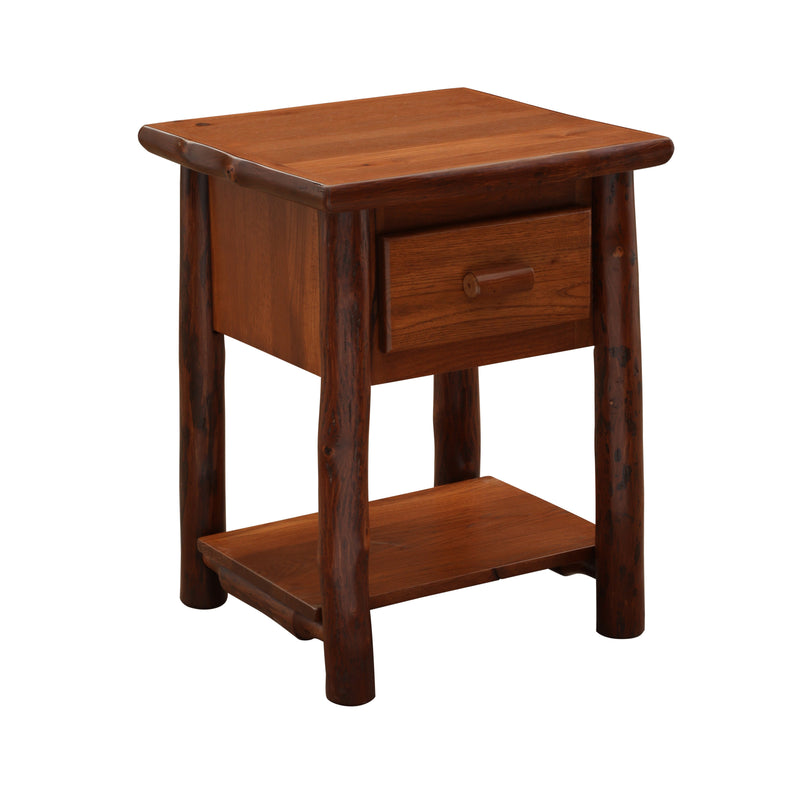 Angled view of the Mount Chapin Hickory Log Nightstand with Shelf in Cinnamon showing the drawer and lower shelf