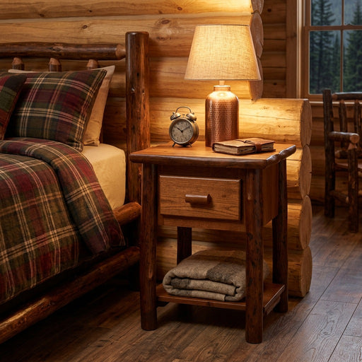 Mount Chapin Hickory Log Nightstand with Shelf holding a lamp and folded blanket beside a log bed