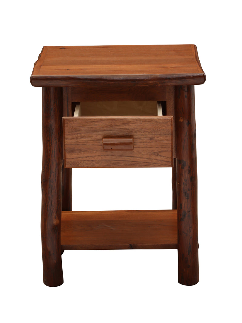 Front view of the Mount Chapin Hickory Log Nightstand with Shelf in Cinnamon with the dovetailed drawer pulled out