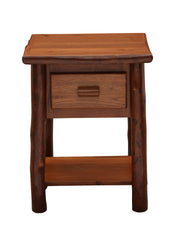 Front view of the Mount Chapin Hickory Log Nightstand with Shelf in Cinnamon with drawer and open shelf