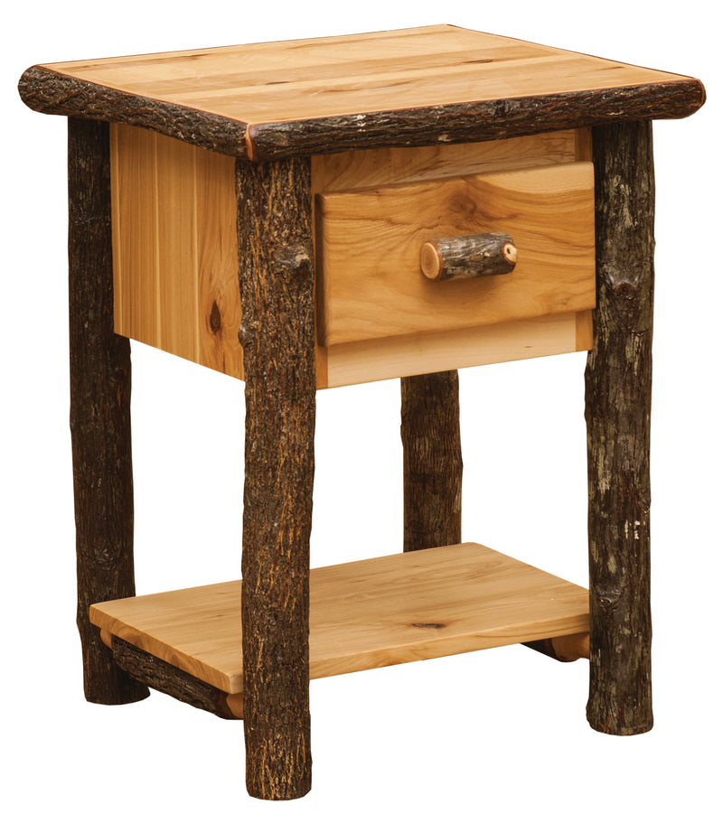 Mount Chapin Hickory Log Nightstand with Shelf in the Natural finish with a light golden hickory case
