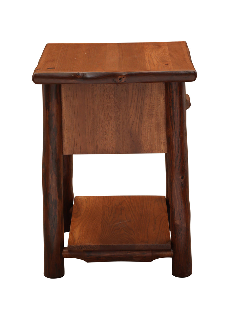 Side view of the Mount Chapin Hickory Log Nightstand with Shelf in Cinnamon showing the side panel and shelf