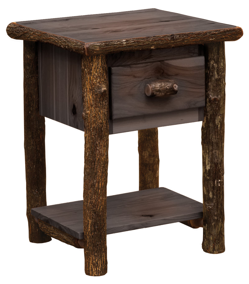 Mount Chapin Hickory Log Nightstand with Shelf in the Slate finish with a weathered gray-brown case