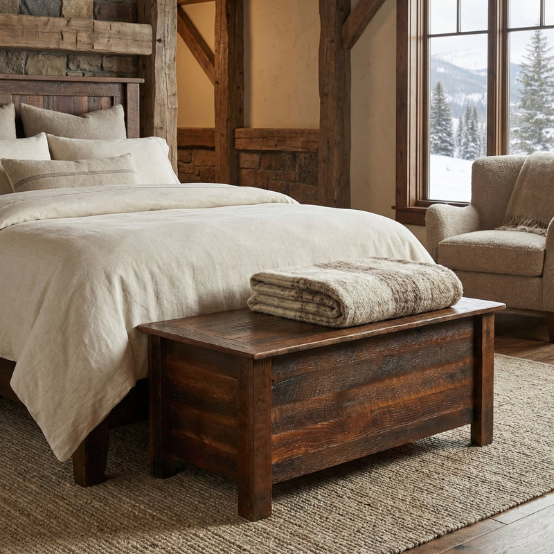 Mount Chiquita Reclaimed Barnwood Blanket Chest with a solid wood top at the foot of a bed in a timber-frame bedroom with a snowy window view