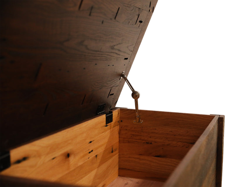 Close-up of the Mount Chiquita Reclaimed Barnwood Blanket Chest aromatic cedar-lined interior and lid hinge