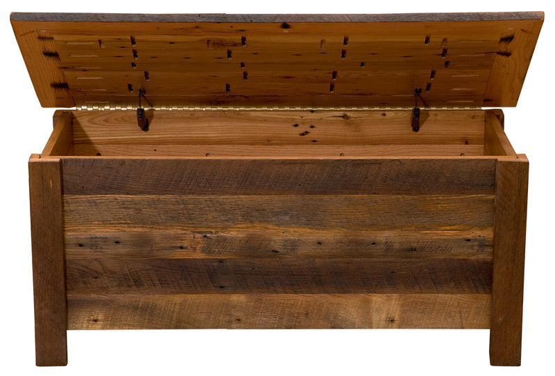 Front view of the Mount Chiquita Reclaimed Barnwood Blanket Chest with the lid open showing the interior