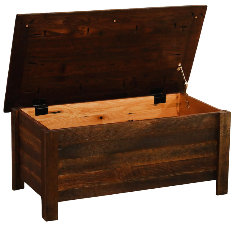 Mount Chiquita Reclaimed Barnwood Blanket Chest with the barnwood lid raised on non-slamming hinges