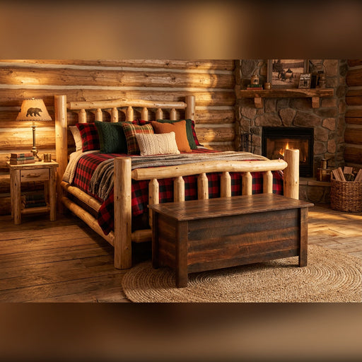 Mount Chiquita Reclaimed Barnwood Blanket Chest at the foot of a log bed by a stone fireplace in a cabin bedroom