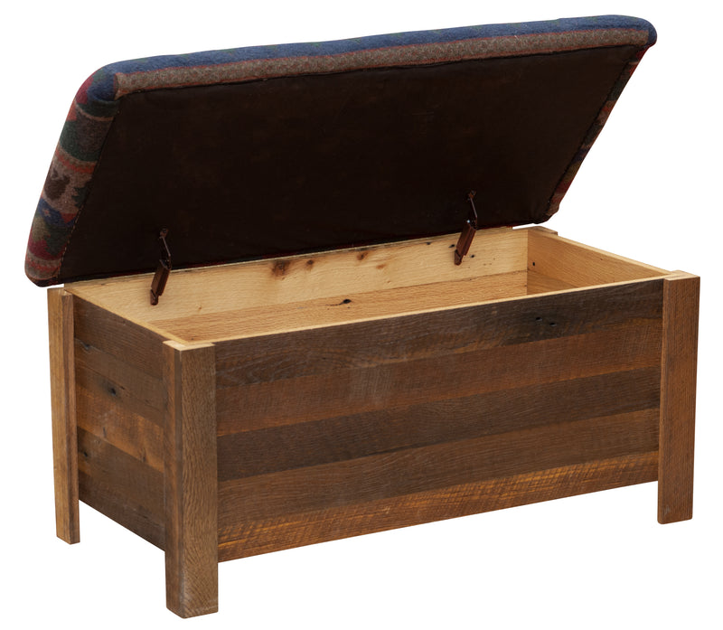 Mount Chiquita Reclaimed Barnwood Blanket Chest with the upholstered lid open