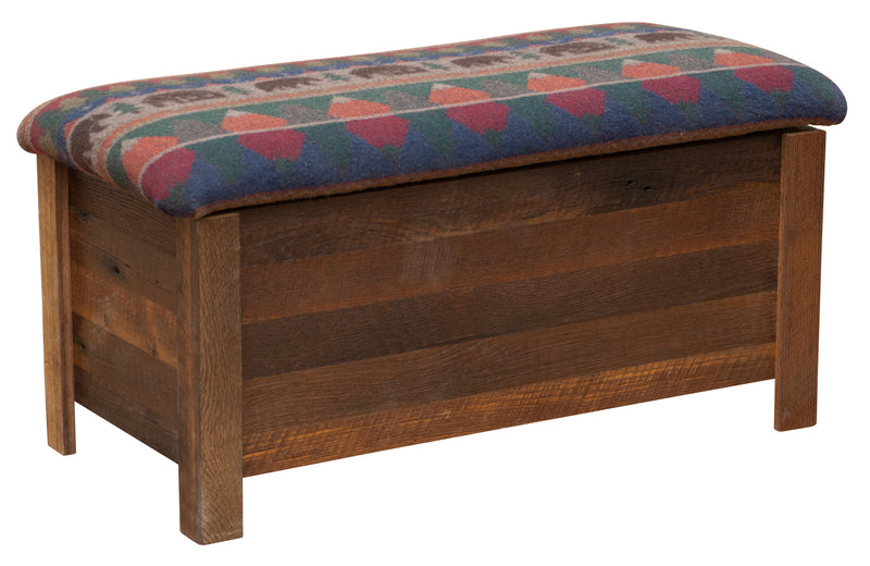 Mount Chiquita Reclaimed Barnwood Blanket Chest with an upholstered southwestern pattern fabric top
