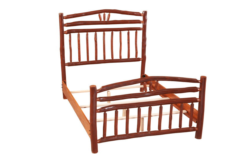 Angled frame view of the Mount Columbia Hickory Wagon Wheel Bed without mattress showing hardwood side rails