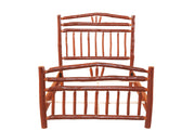 Straight-on frame view of the Mount Columbia Hickory Wagon Wheel Bed headboard, footboard, and side rails without mattress