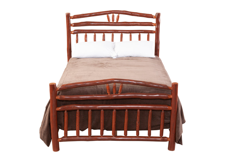 Front view of the Mount Columbia Hickory Wagon Wheel Bed showing the half wagon wheel footboard and spindle headboard