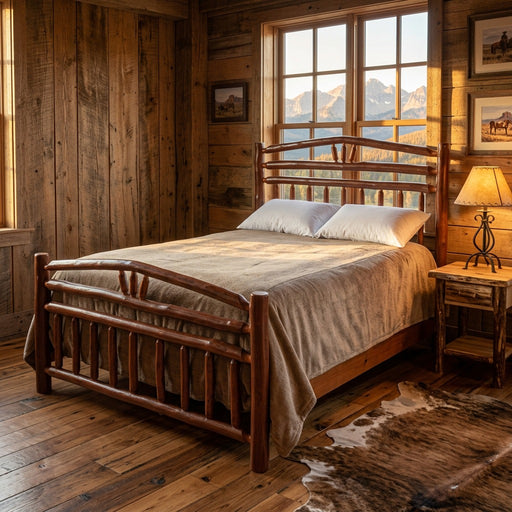 Mount Columbia Hickory Wagon Wheel Bed staged in a western ranch bedroom with rough sawn walls, a cowhide rug, and mountain views
