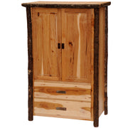 Front view of the Mount Craig Hickory Log Wardrobe in Natural with two cabinet doors over two drawers