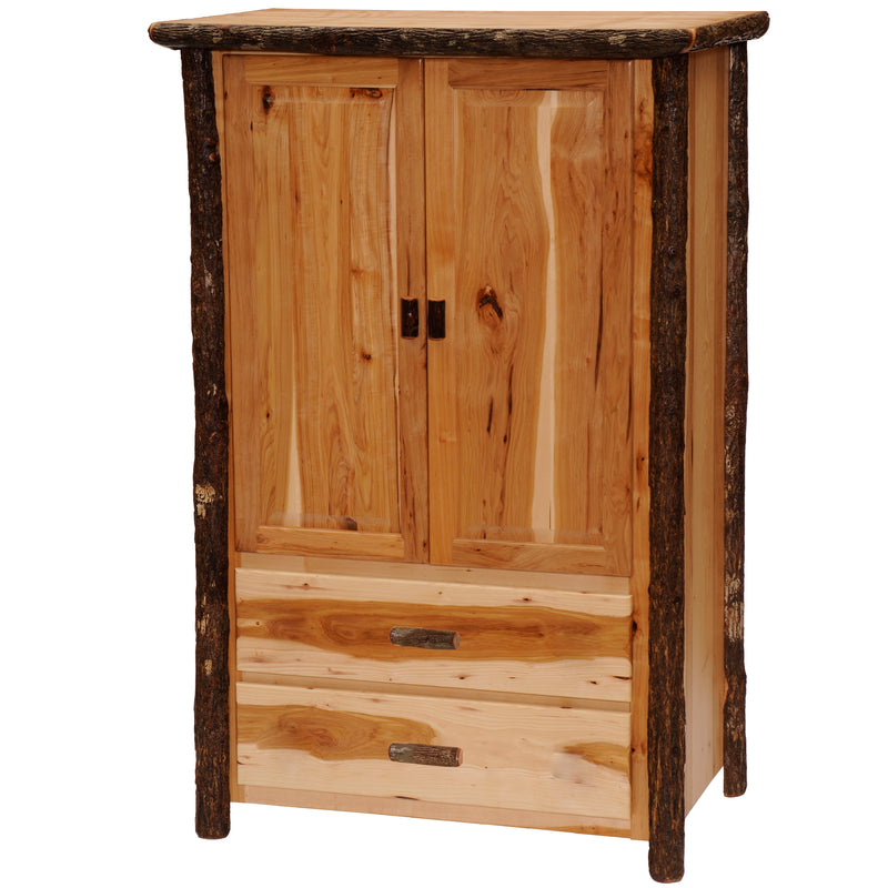 Front view of the Mount Craig Hickory Log Wardrobe in Natural with two cabinet doors over two drawers