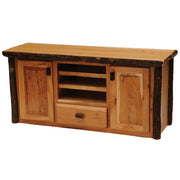 Angled view of the Mount Cumulus Hickory Log Entertainment Center in Natural showing the center cubby and cabinets
