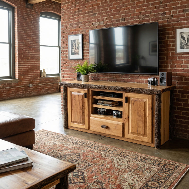 Mount Cumulus Hickory Log Entertainment Center in Natural holding a TV in a cabin living room