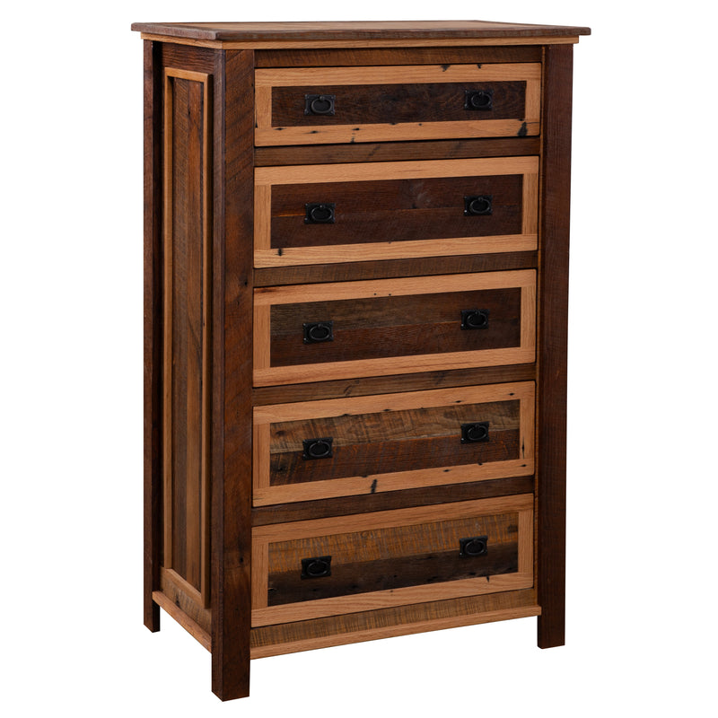 Angled view of the Mount Daly Reclaimed Barnwood Five Drawer Chest