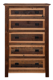 Front view of the Mount Daly Reclaimed Barnwood Five Drawer Chest