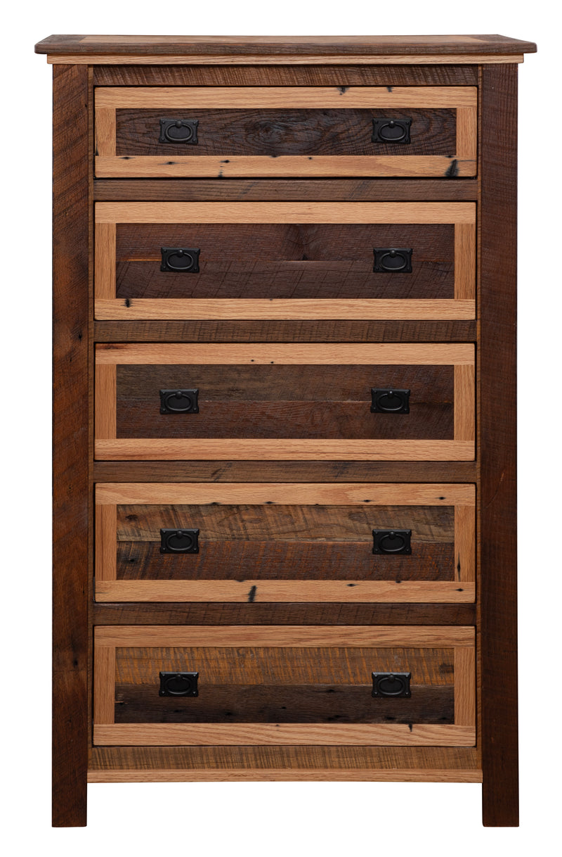 Front view of the Mount Daly Reclaimed Barnwood Five Drawer Chest