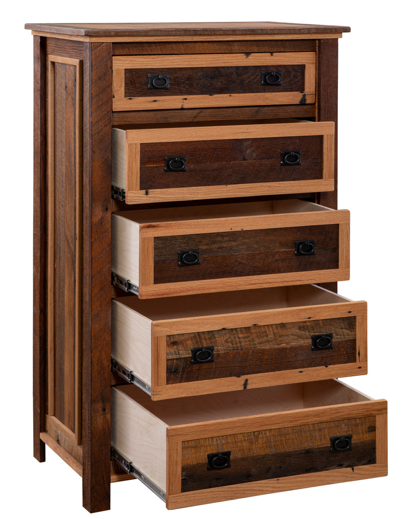 Mount Daly Reclaimed Barnwood Five Drawer Chest with drawers open