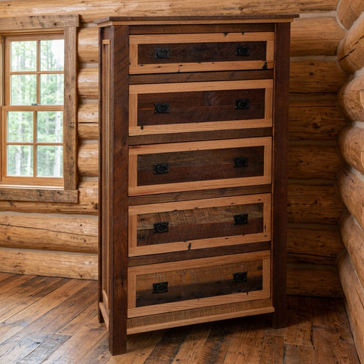 Mount Daly Reclaimed Barnwood Five Drawer Chest staged in a sunlit log cabin bedroom