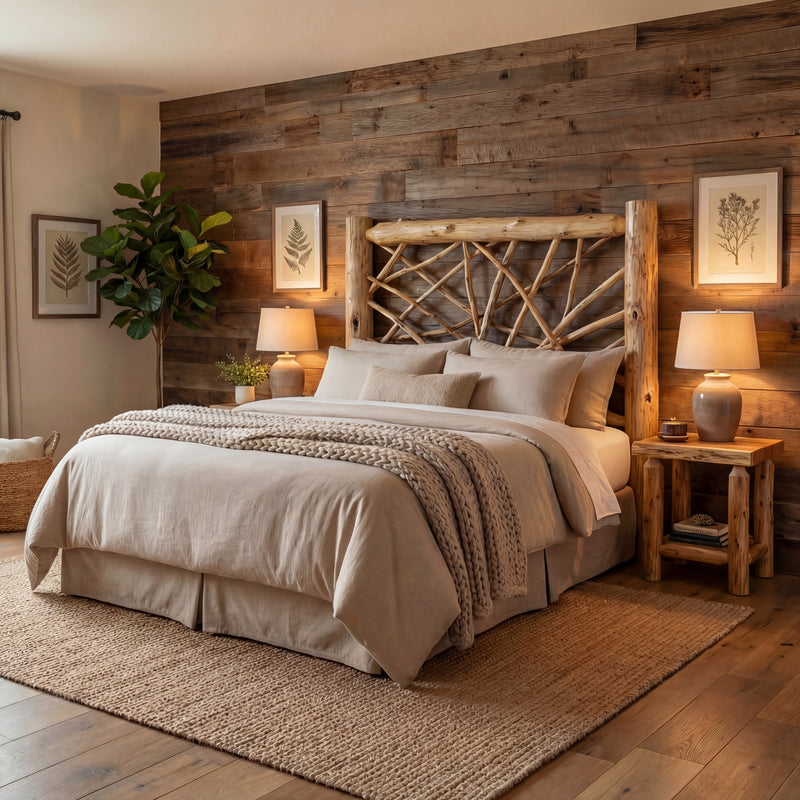 Mount Democrat Cedar Log Twig Headboard against a reclaimed wood accent wall with matching nightstands and lamps