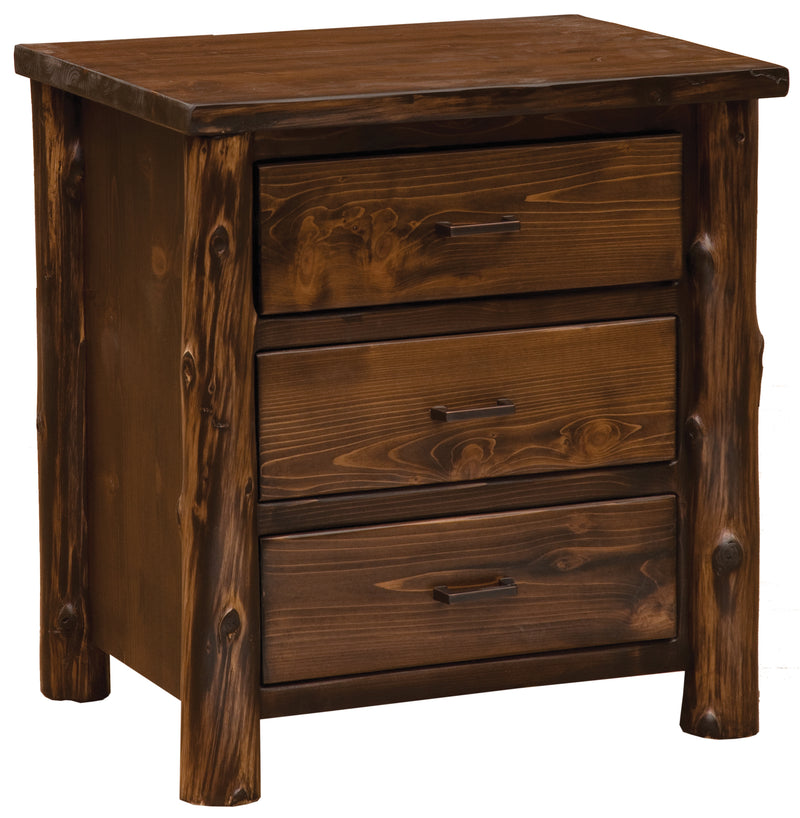 Angled view of the Mount Dickinson Cedar Log Three Drawer Nightstand