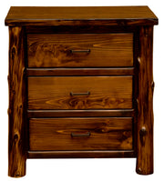 Front view of the Mount Dickinson Cedar Log Three Drawer Nightstand