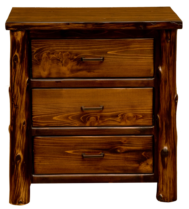 Front view of the Mount Dickinson Cedar Log Three Drawer Nightstand