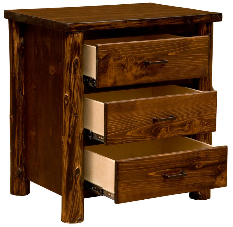Mount Dickinson Cedar Log Three Drawer Nightstand with drawers open