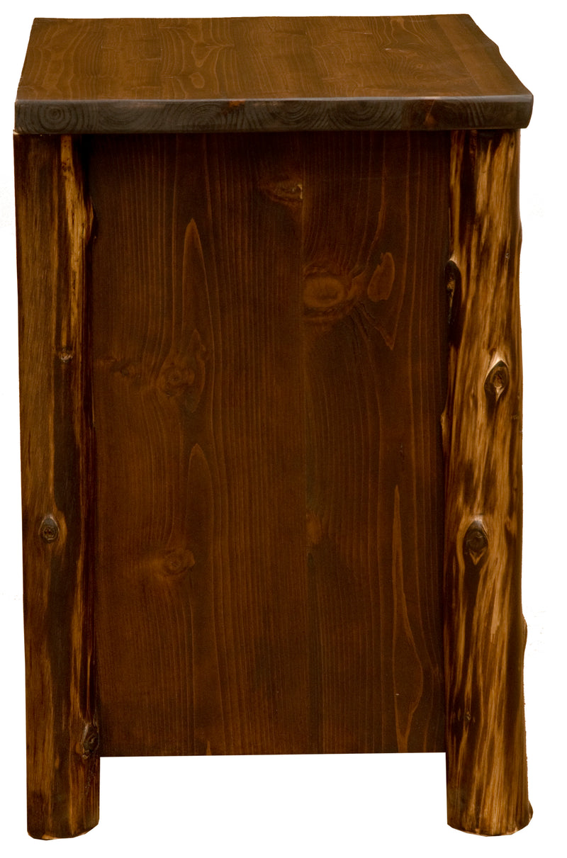 Side view of the Mount Dickinson Cedar Log Three Drawer Nightstand