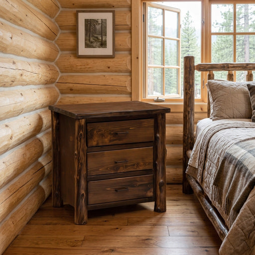 Mount Dickinson Cedar Log Three Drawer Nightstand staged in a sunlit log cabin bedroom