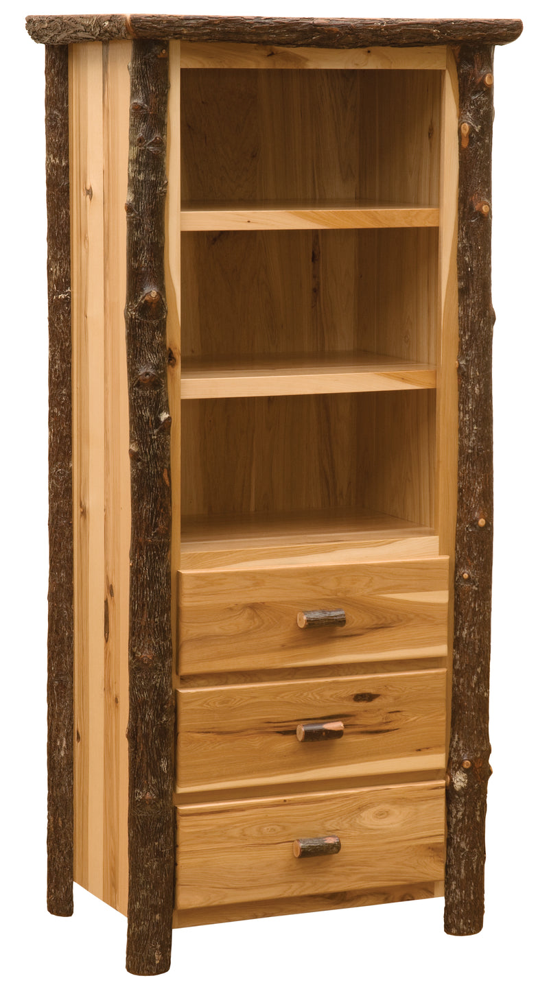 Angled view of the Mount Dunraven Hickory Log Open Pantry in Natural showing shelves and drawers