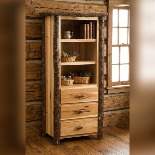 Mount Dunraven Hickory Log Open Pantry staged in a sunlit log cabin kitchen