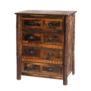 Angled view of the Mount Edwards Barnwood and Hickory Chest of Drawers showing barnwood drawer fronts and hickory log accents