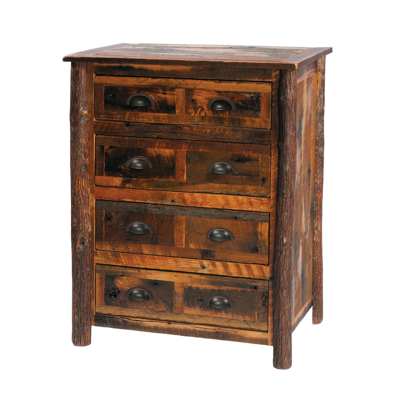 Angled view of the Mount Edwards Barnwood and Hickory Chest of Drawers showing barnwood drawer fronts and hickory log accents
