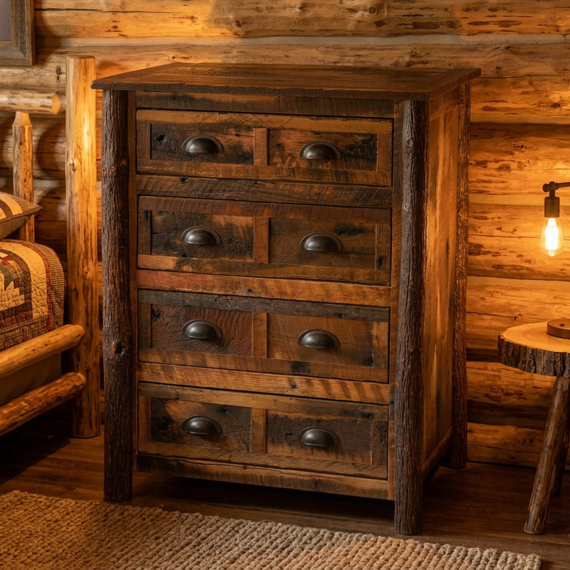 Mount Edwards Barnwood and Hickory Chest of Drawers in a lamplit log cabin bedroom