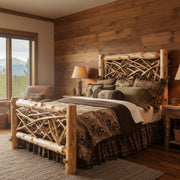Mount Elbert Cedar Log Twig Bed staged in a rustic cabin bedroom with wood plank walls, mountain view, and lodge bedding