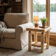 Mount Emma Cedar Log Open End Table in a rustic cabin living room