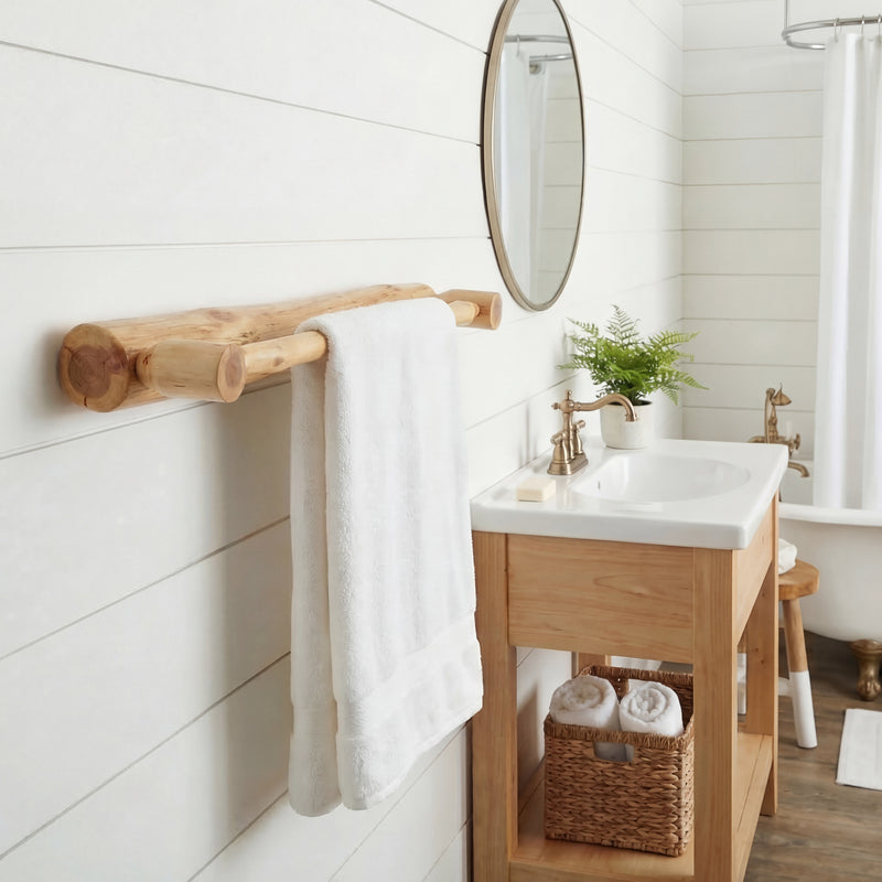 36-inch Mount Emmons Cedar Log Towel Bar in a cabin bathroom