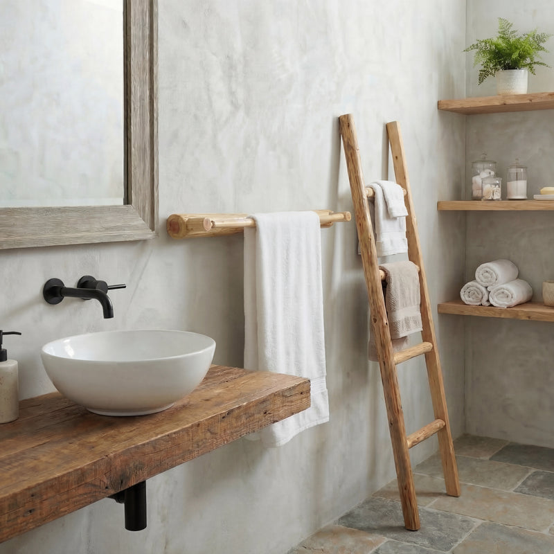 48-inch Mount Emmons Cedar Log Towel Bar in a rustic bathroom