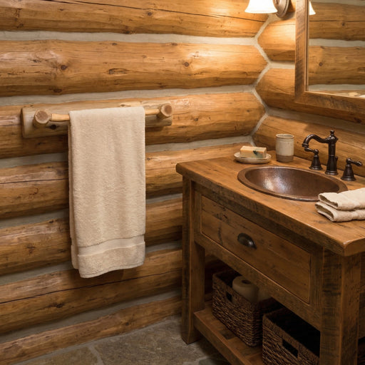 Mount Emmons Cedar Log Towel Bar with towels on a log wall