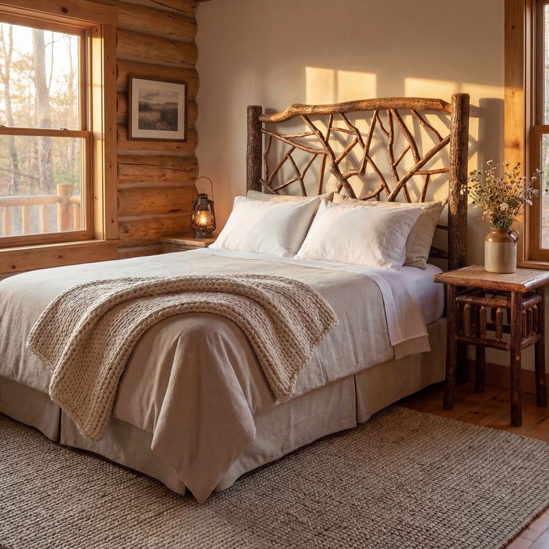 Mount Eolus Hickory Log Twig Headboard in a sunlit log cabin bedroom with a woven rug and a rustic nightstand